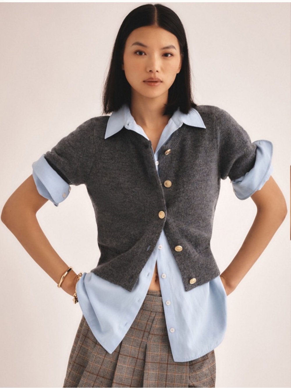 Maeve Short Sleeve Heather Gray Crewneck Cardigan with Gold Buttons Size XL